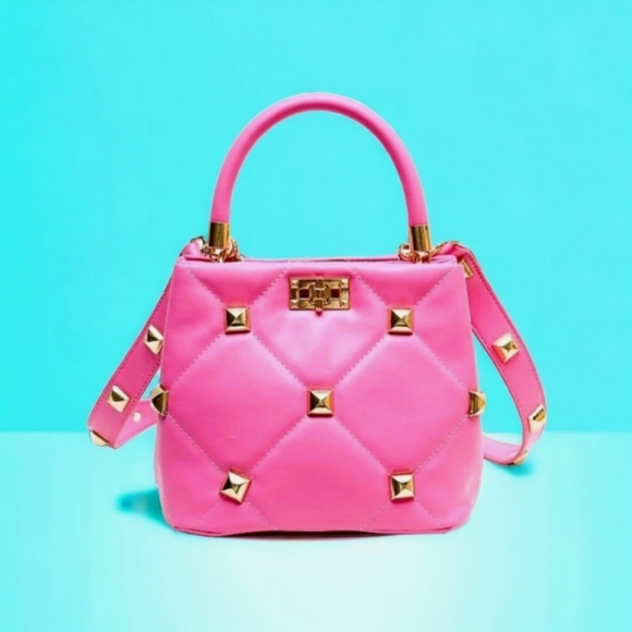 Royal Pink Diamond Quilted Studded Top Handle Shoulder Bag - Picture 2 of 4